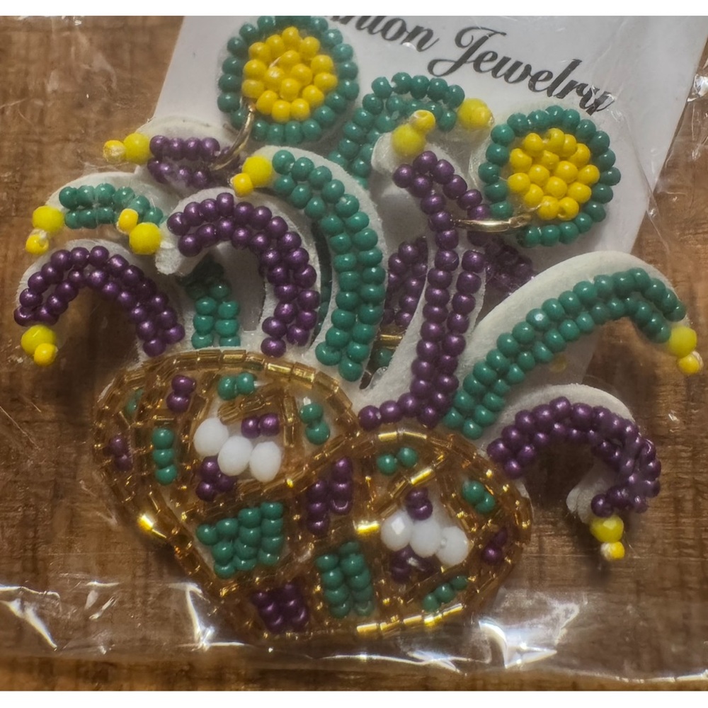 Colorful Beaded Mardi Gras Jester Mask Earrings